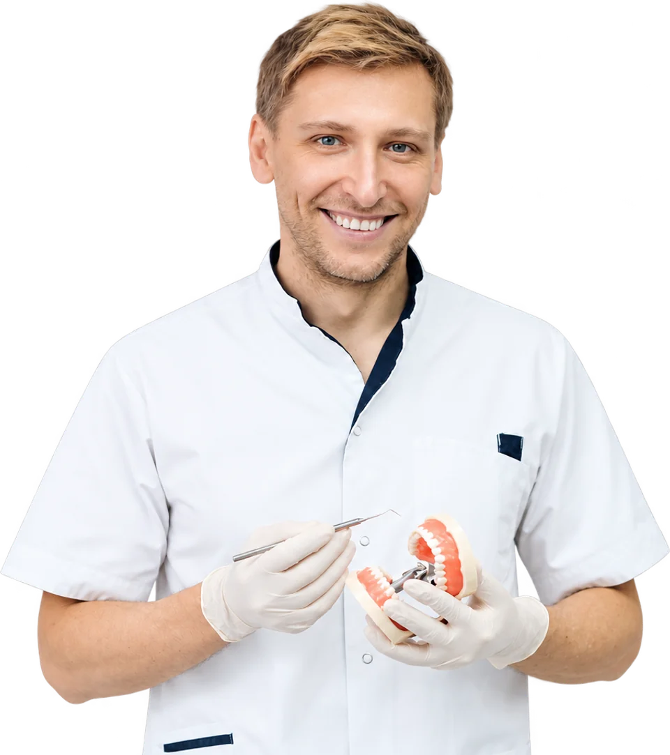 Smiling dentist holding a dental model and mirror